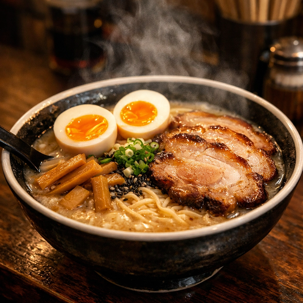 A bowl of authentic Tonkotsu ramen with soft-boiled egg and chashu pork at a local Tokyo ramen shop.
