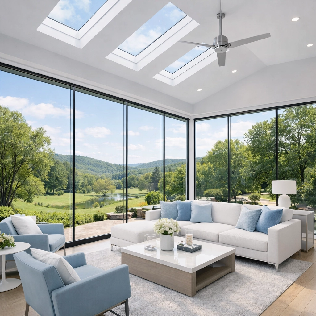 Four-season room addition by a room addition contractor in Berks County PA with glass walls.