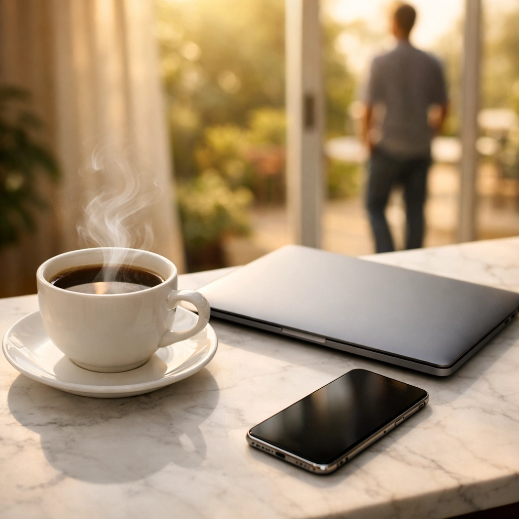 Peaceful morning workspace with a laptop and coffee representing ease of business automation.