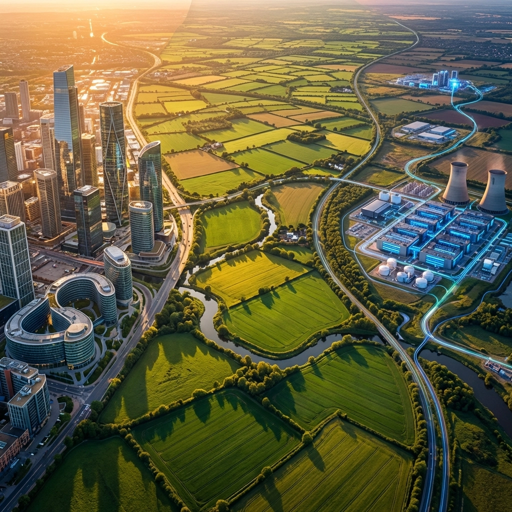 Aerial view of diverse investments including city, farmland, and tech, illustrating portfolio diversification strategies