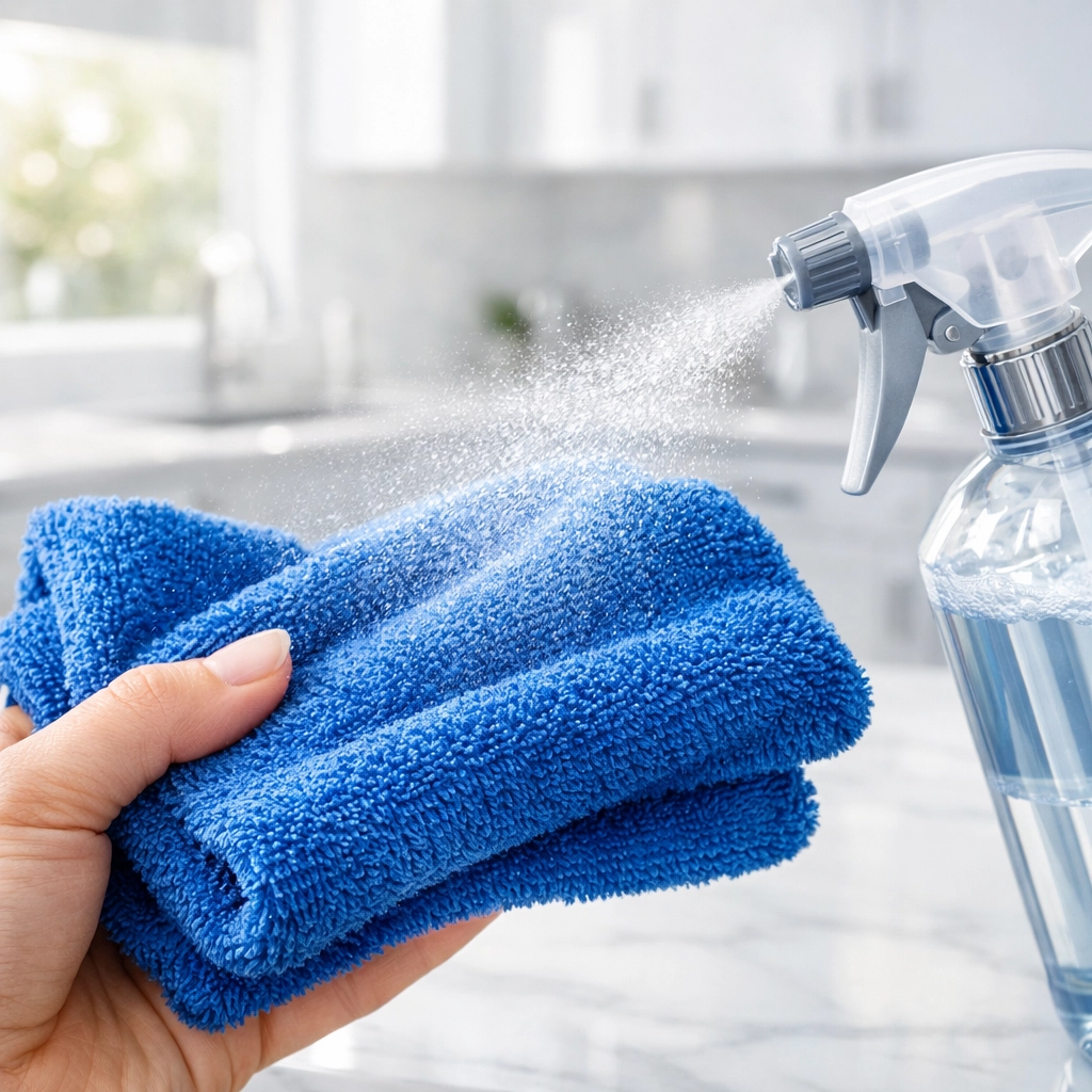Professional deep cleaning Worcester tip: spraying a blue microfiber cloth instead of the kitchen surface.