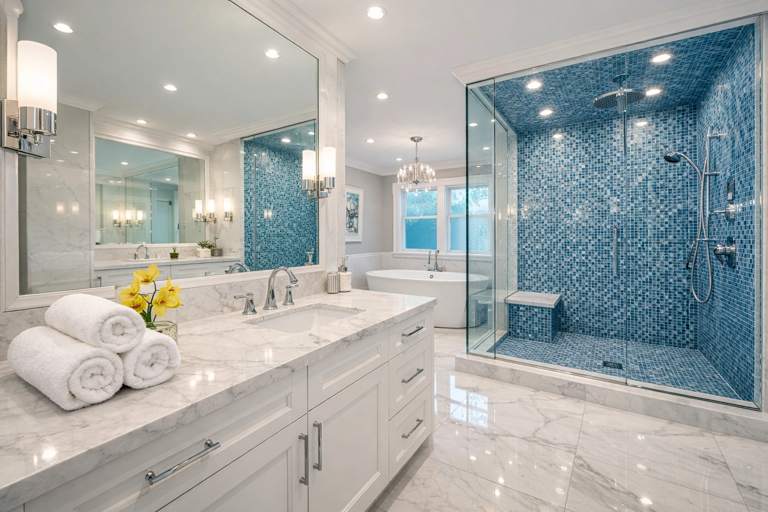 A sparkling luxury bathroom with clean marble tiles after professional house cleaning in Leominster MA.