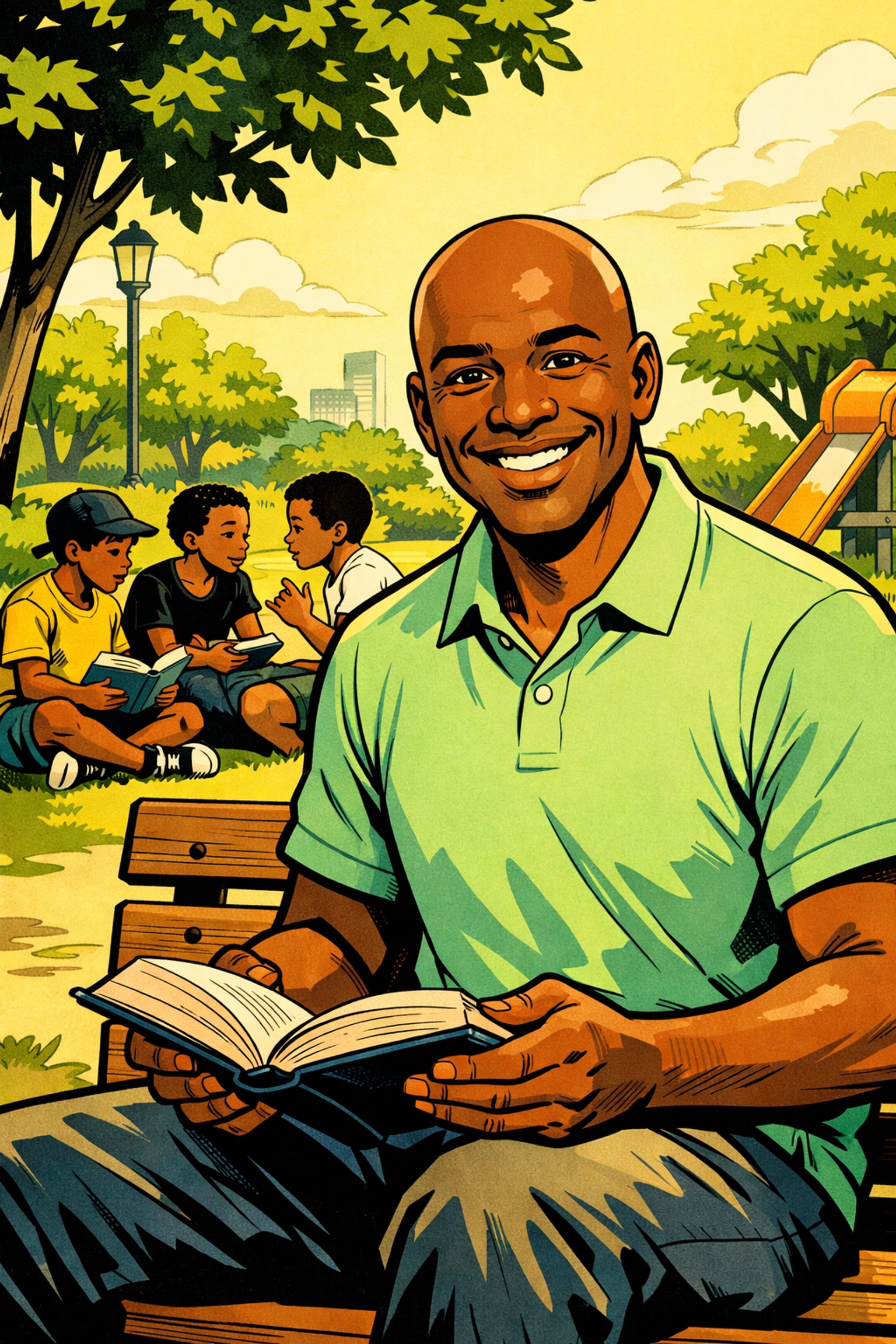 Professor Antonio sharing a Word of the Day book with young men to build community literacy.