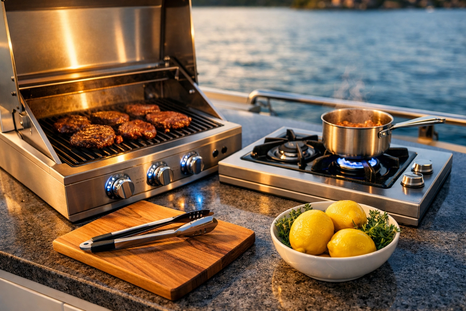 Premium marine-grade stainless steel grill and stovetop on a luxury pontoon boat kitchen counter.