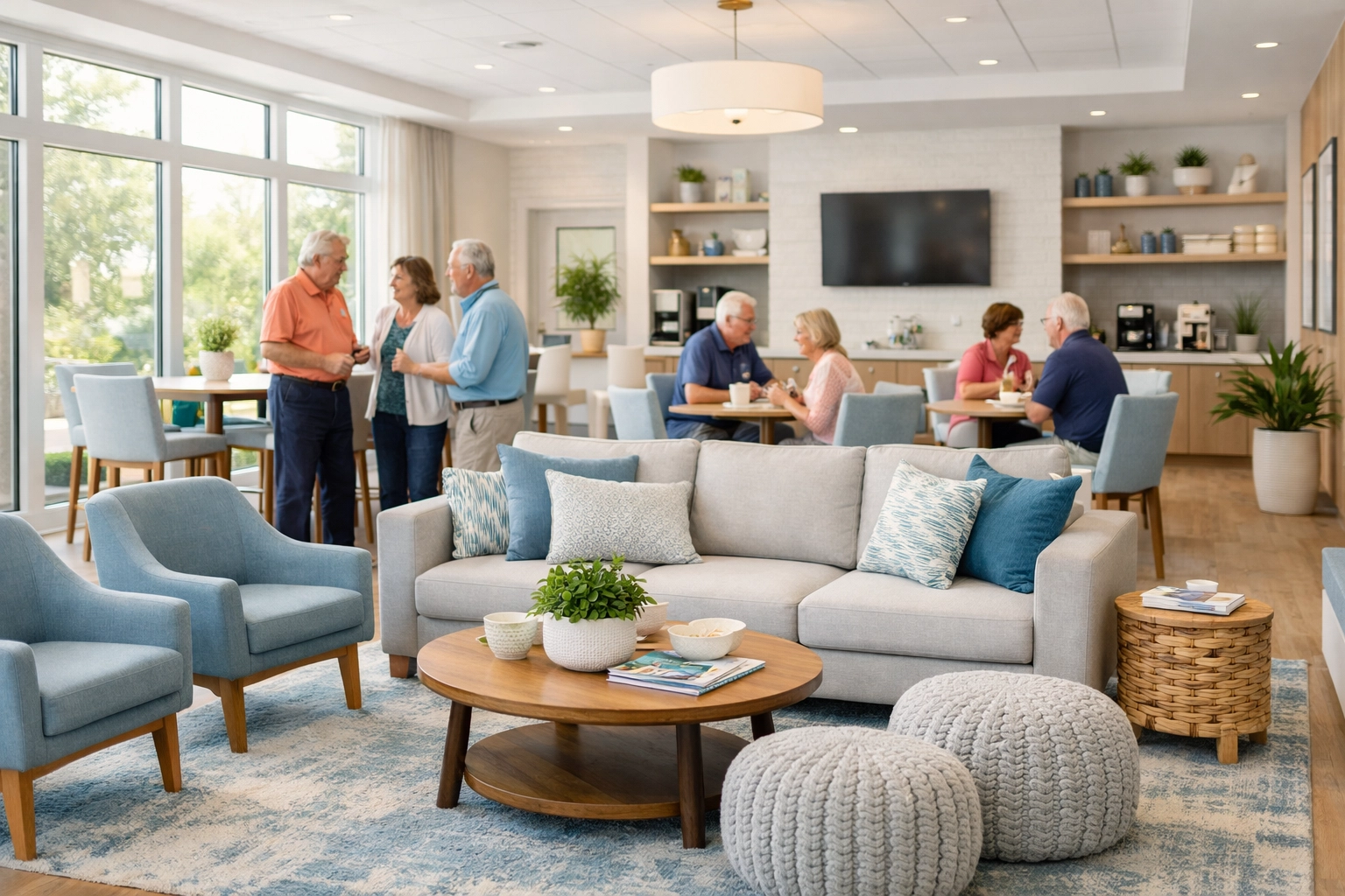 Bright clubhouse interior with residents socializing in 55+ active adult community