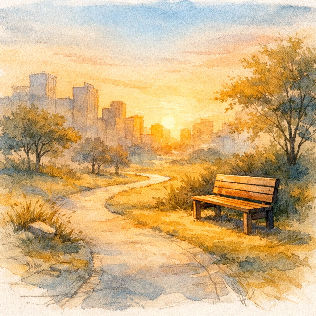 Quiet Memphis park bench at golden hour for peaceful reflection and finding God