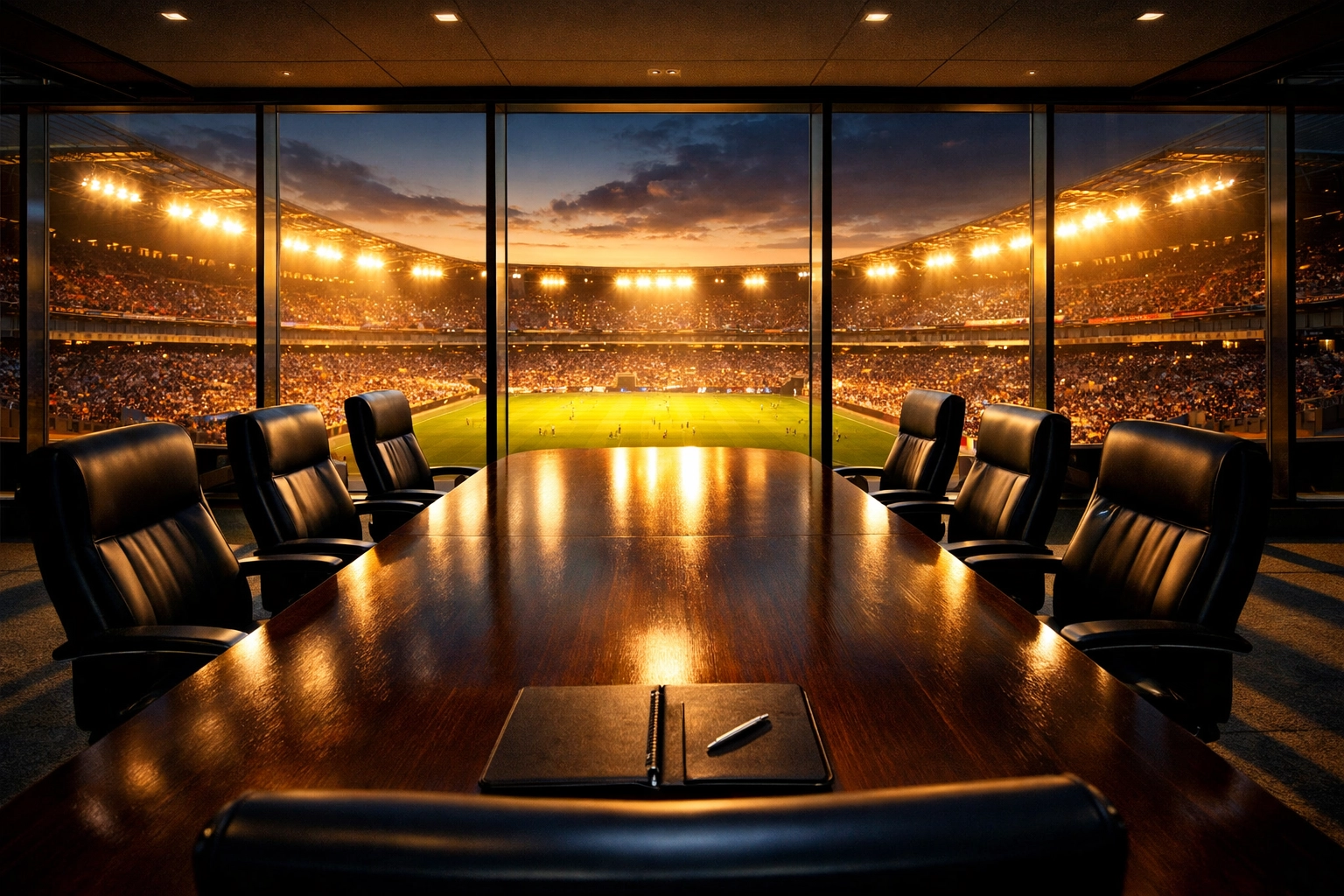 Modern executive boardroom overlooking a stadium at dusk, symbolizing elite business execution and ROI.