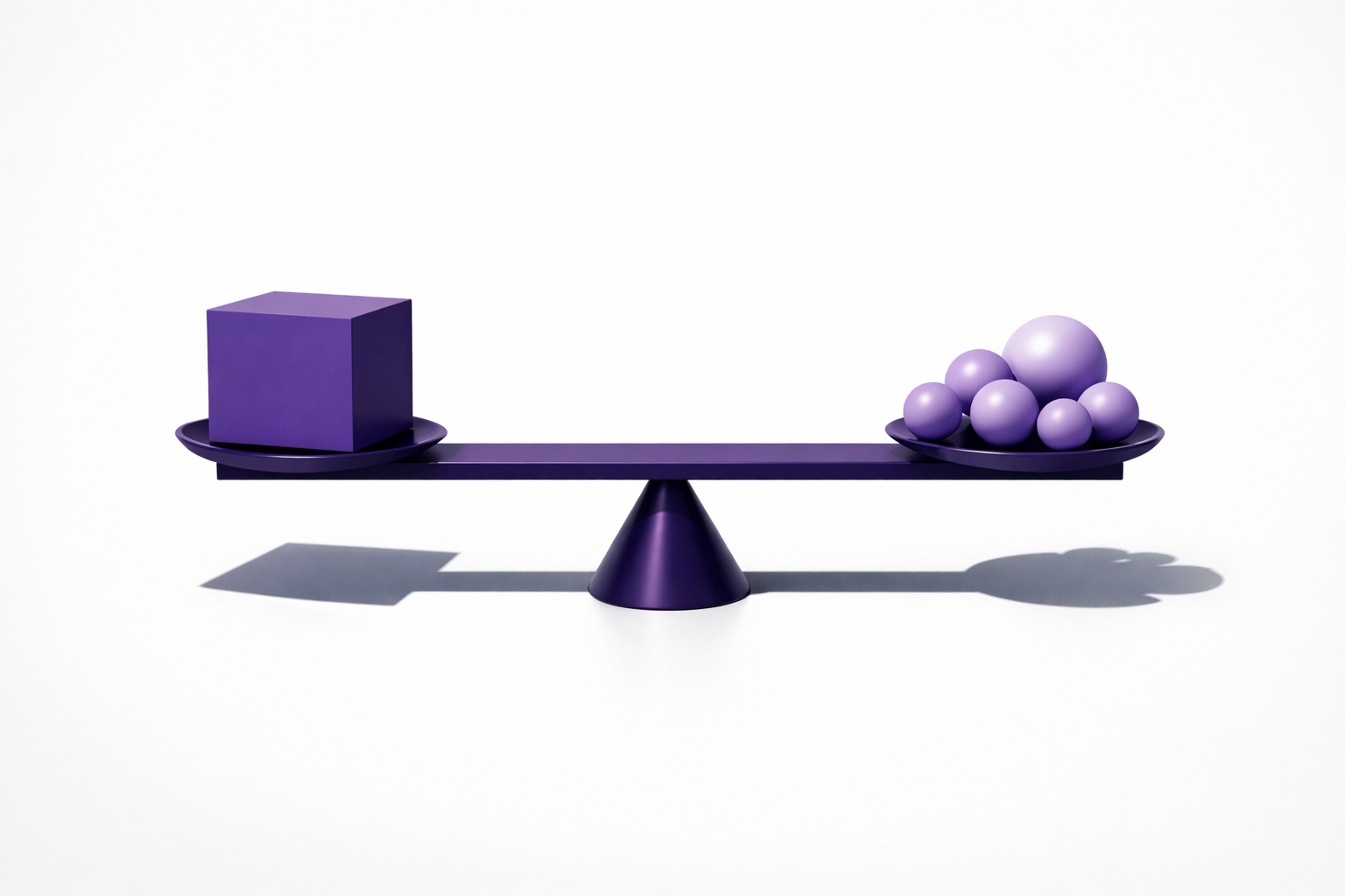Purple scale balancing geometric shapes representing overhead cost allocation in construction accounting.
