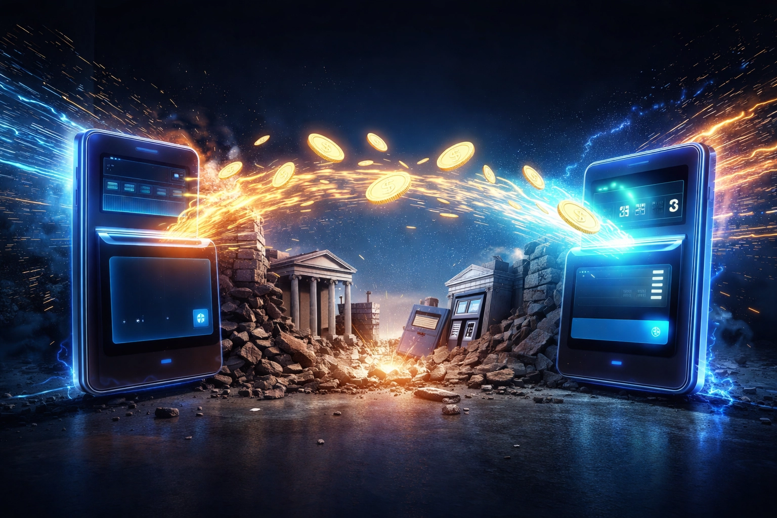 Digital coins stream between modern digital wallets, bypassing outdated banks to illustrate instant, low-fee Web3 global payments.