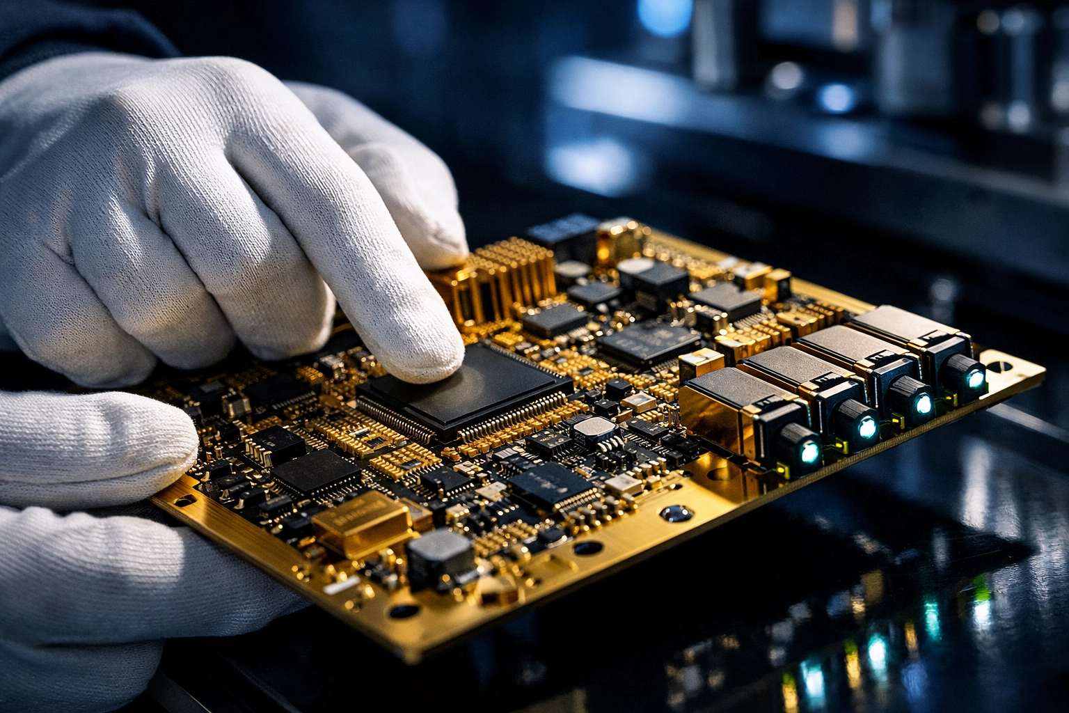 Technician inspecting a delicate telecom circuit board with white-glove logistics handling.