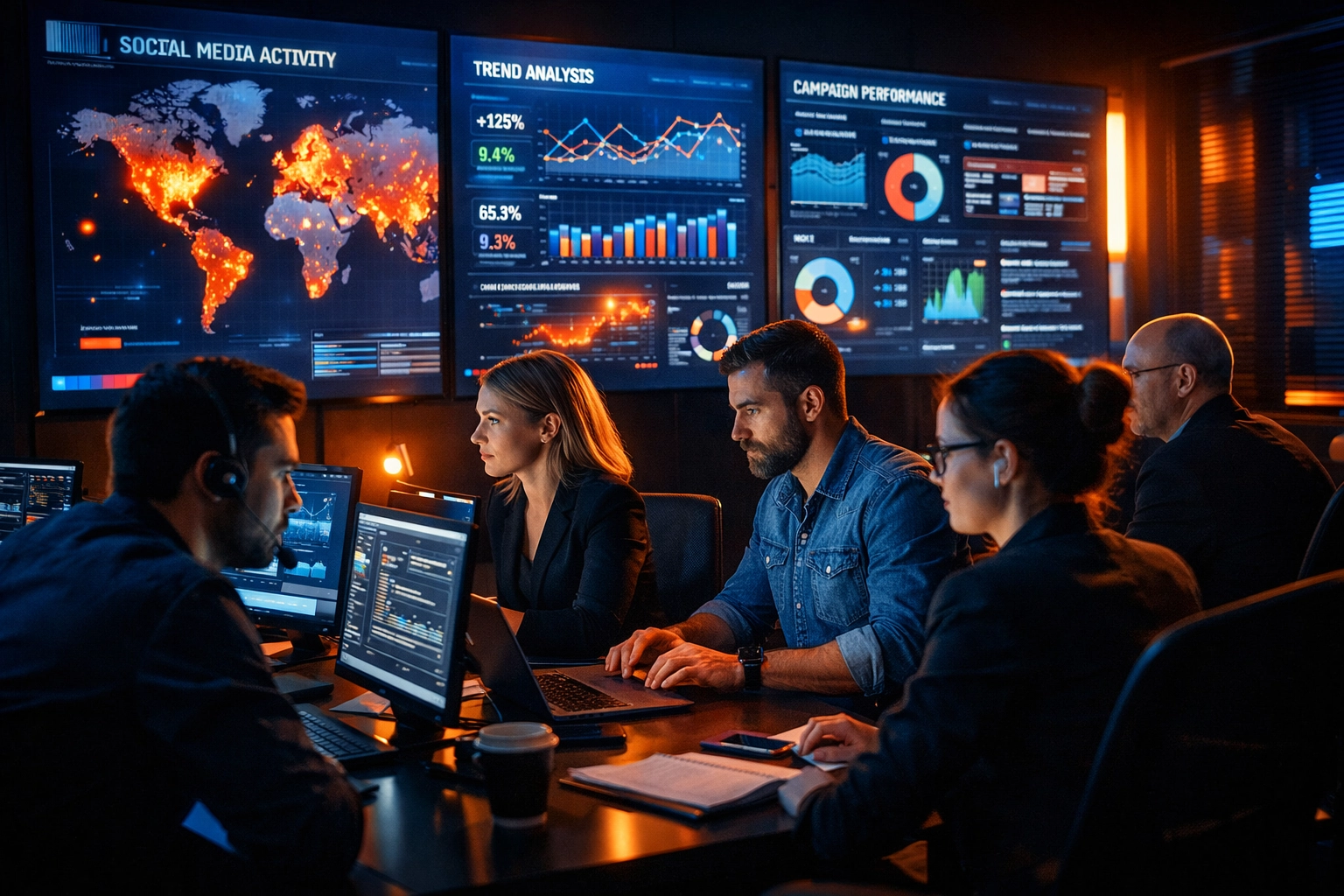 Digital marketing team monitoring real-time Super Bowl engagement data on high-tech screens.