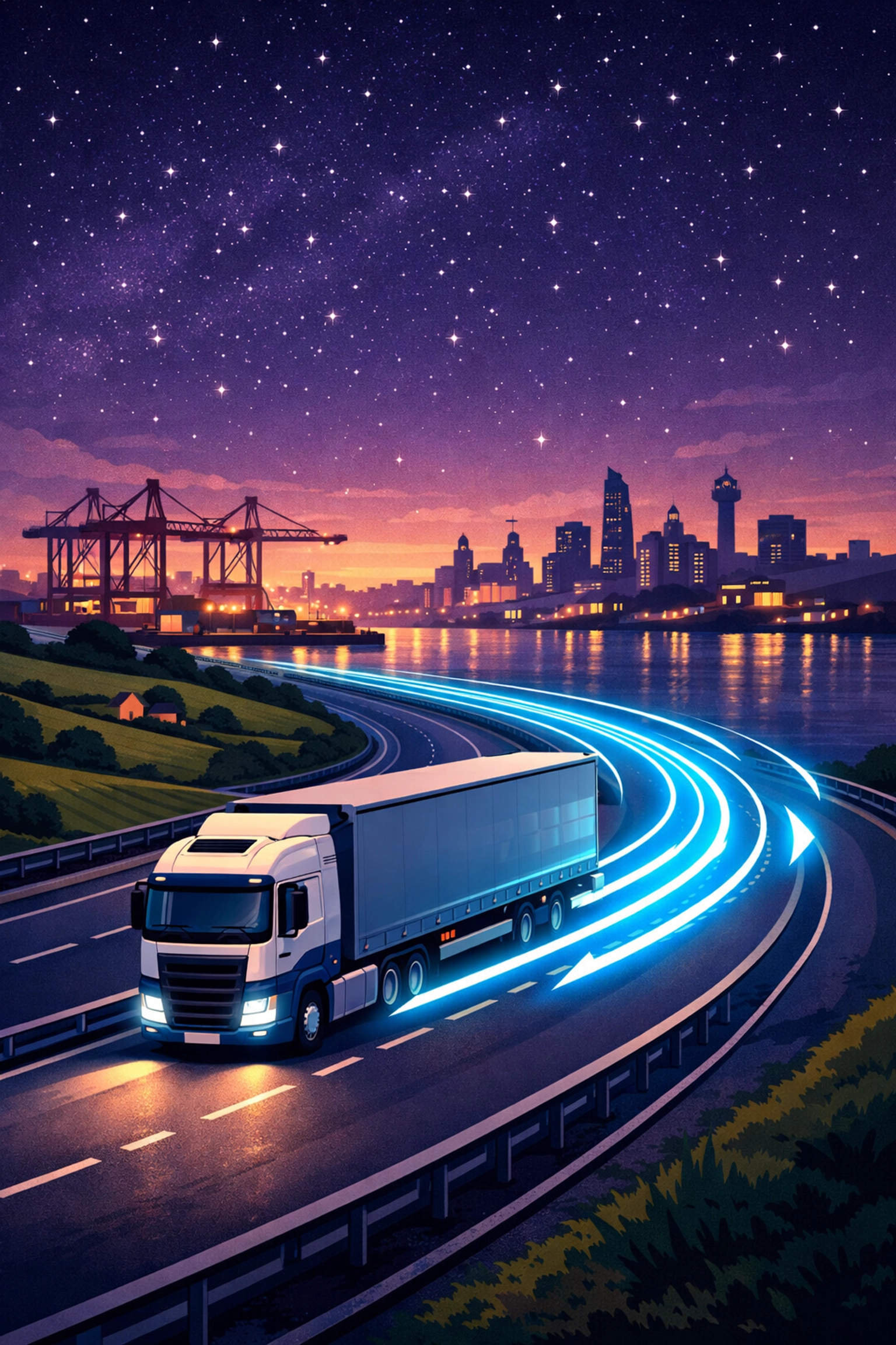 Modern HGV driving through North West landscapes near Liverpool and Manchester logistics hubs.