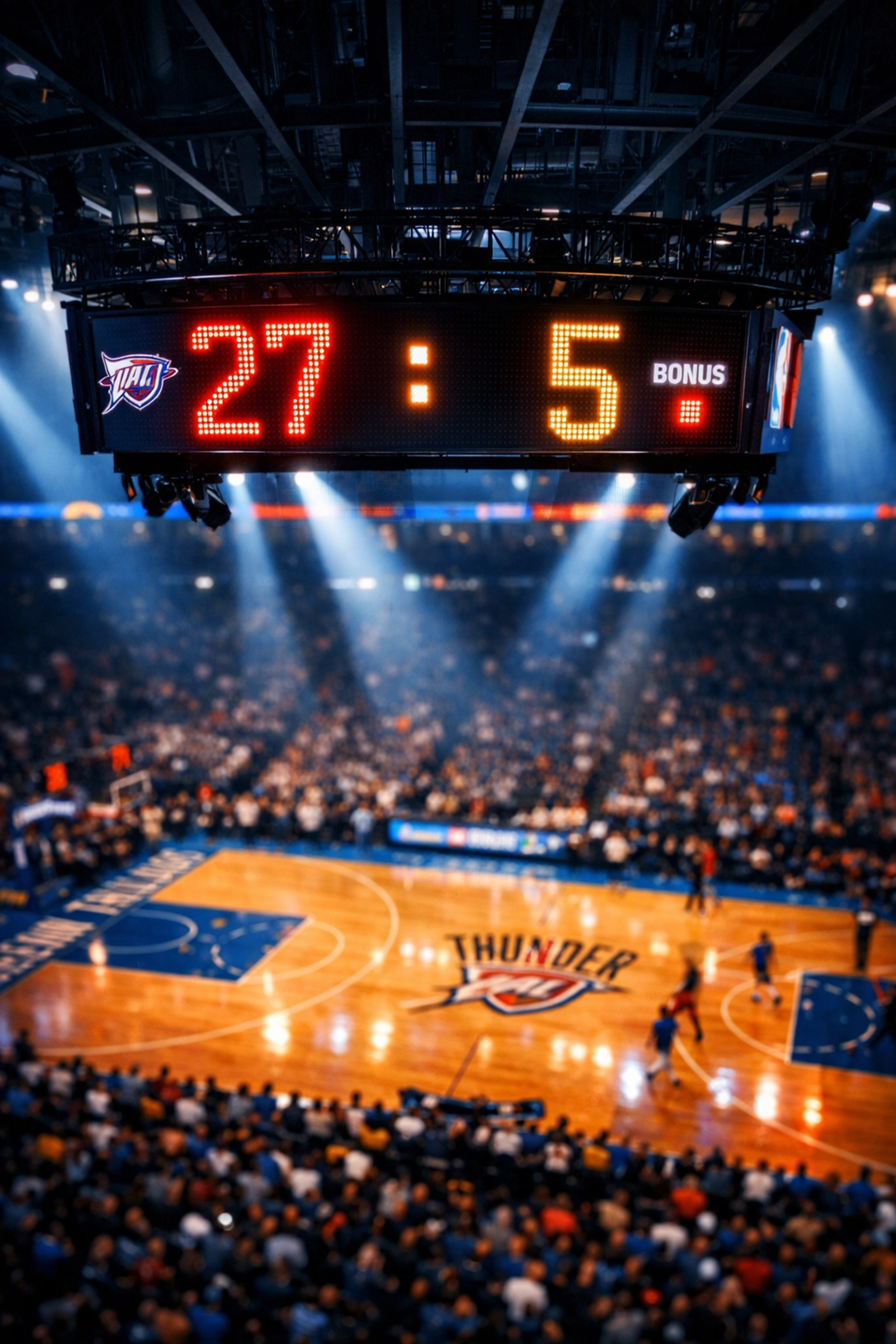 Oklahoma City Thunder arena scoreboard showing 27-5 record during NBA game
