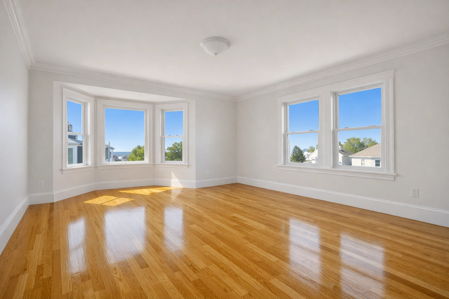 Immaculate empty living room in Worcester MA showing results of professional move-out cleaning services.