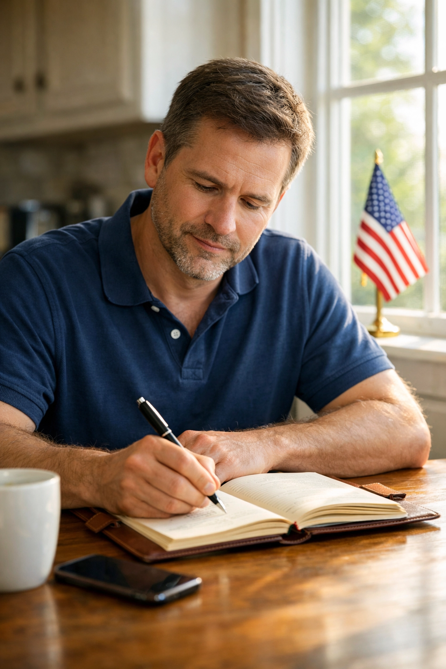 Civic Values Matter: Why I Share a Personal Message with You Every Single Day A man writing a personal message about civic values in a journal with an American flag in the background.