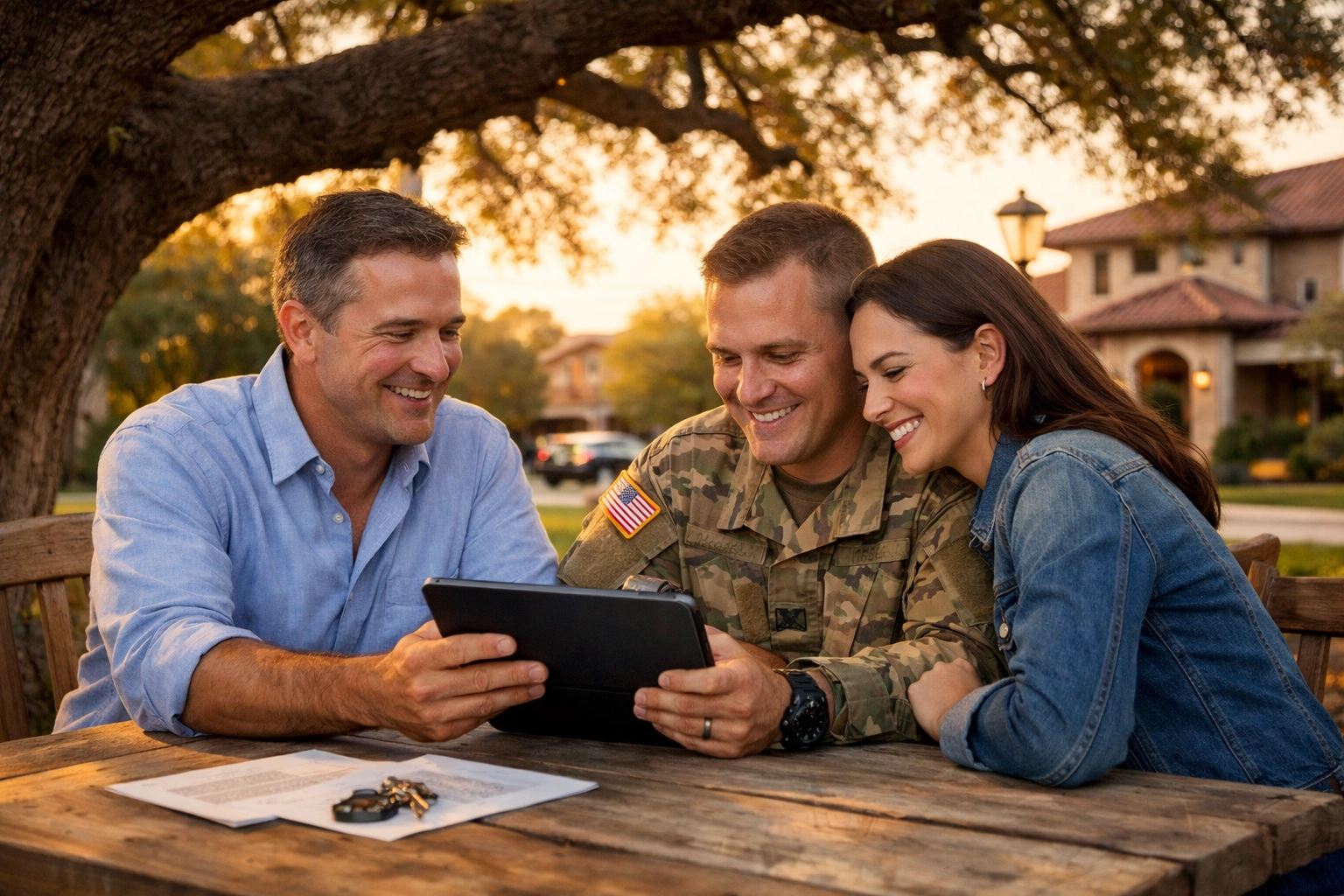 Military Relocation Professional Frank Duran discussing VA home buying options with a veteran couple.