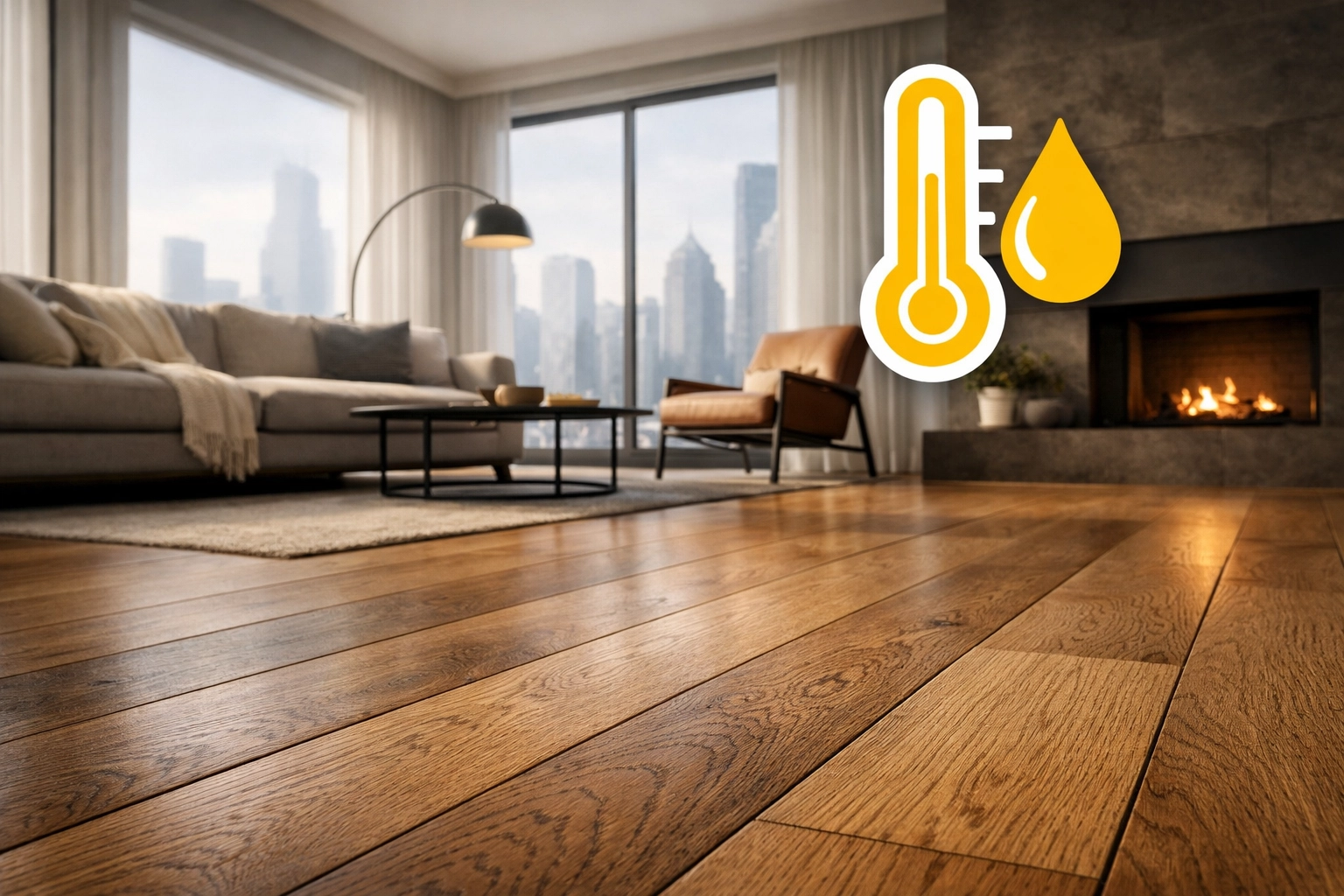 Wide-plank engineered hardwood flooring in a matte finish, ideal for Chicago climate and humidity stability.