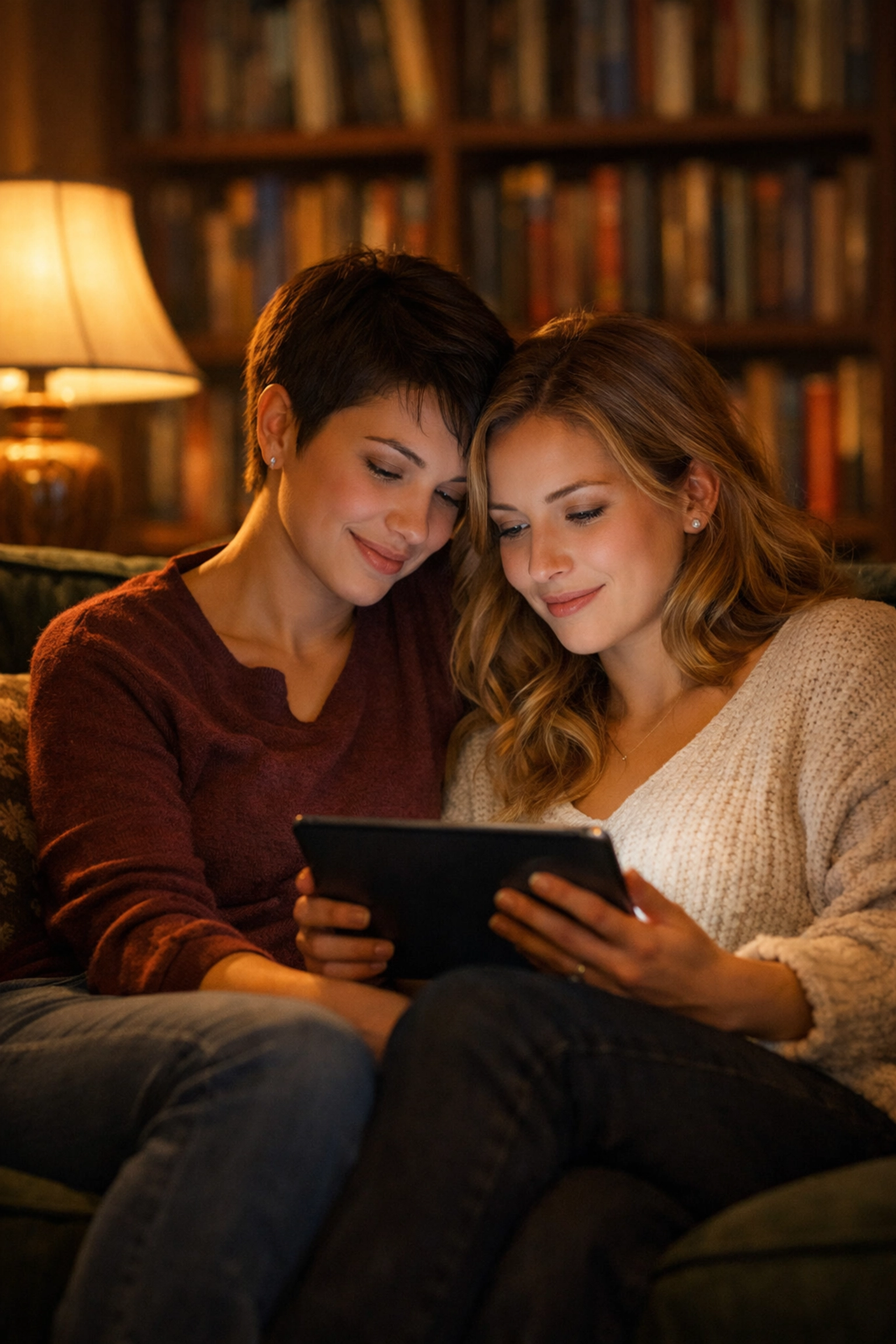 A lesbian couple reading together on a sofa, celebrating LGBTQ+ stories and the comfort of queer fiction.