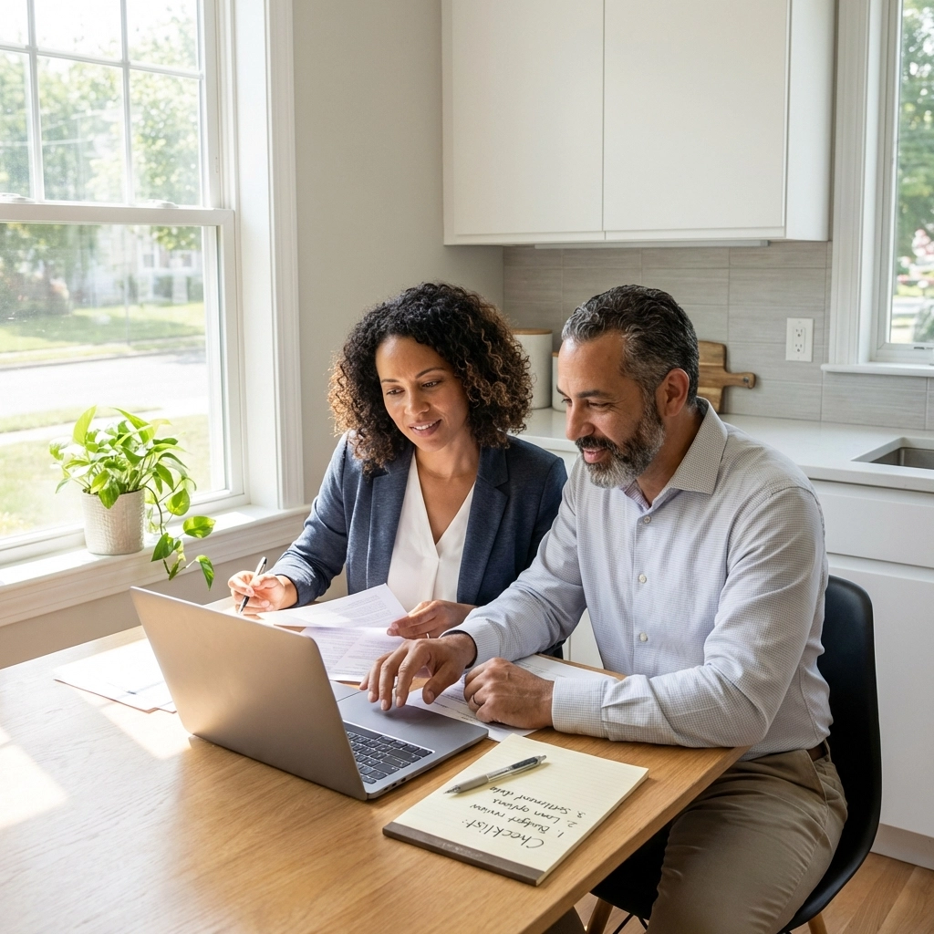 Diverse couple at a kitchen table in a modern South Jersey home, making flexible home buying decisions together.