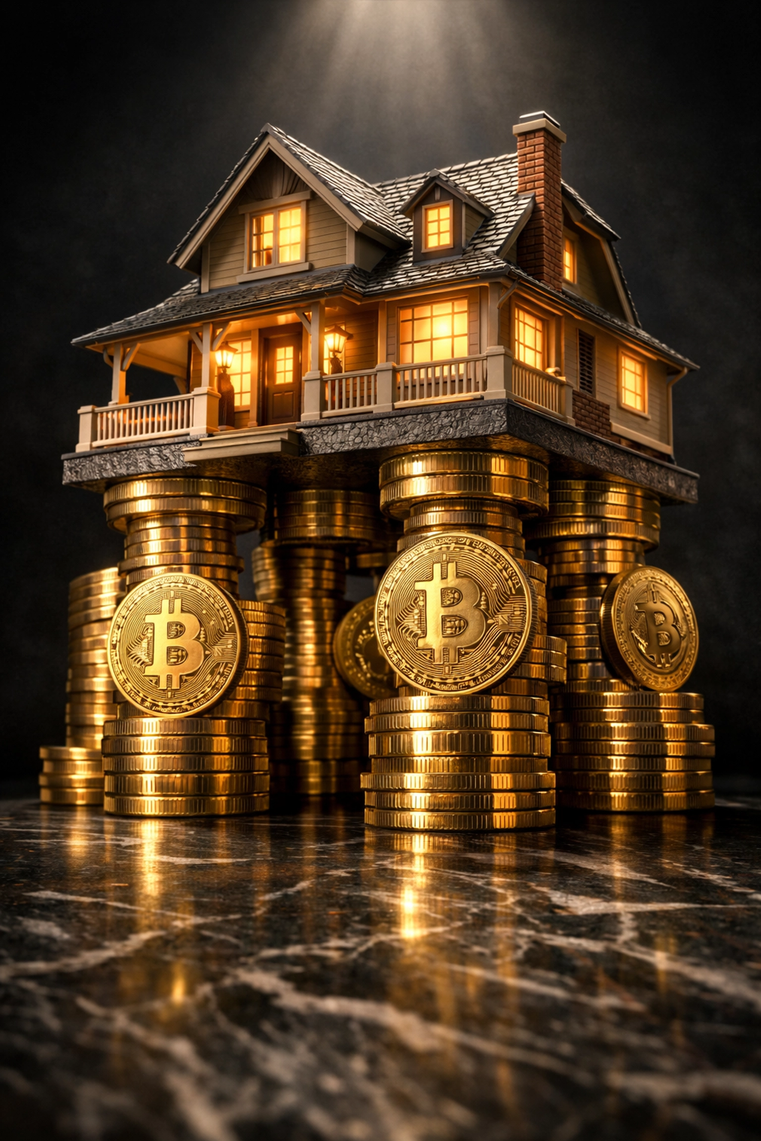 Cryptocurrency coins and tokens supporting house model illustrating crypto-collateralized real estate loans