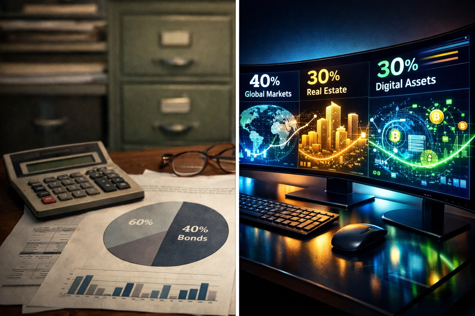 Traditional 60/40 portfolio compared to modern 40/30/30 alternative investment allocation strategy
