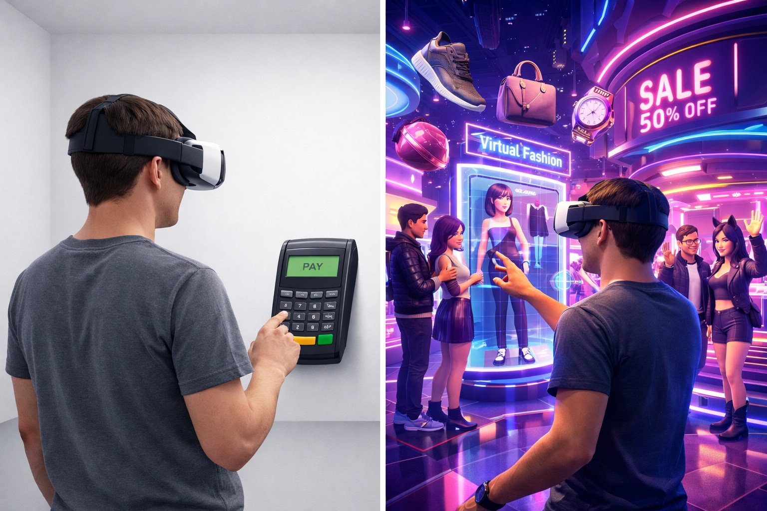 Metaverse shopping experience comparison showing VR commerce and social crypto payments