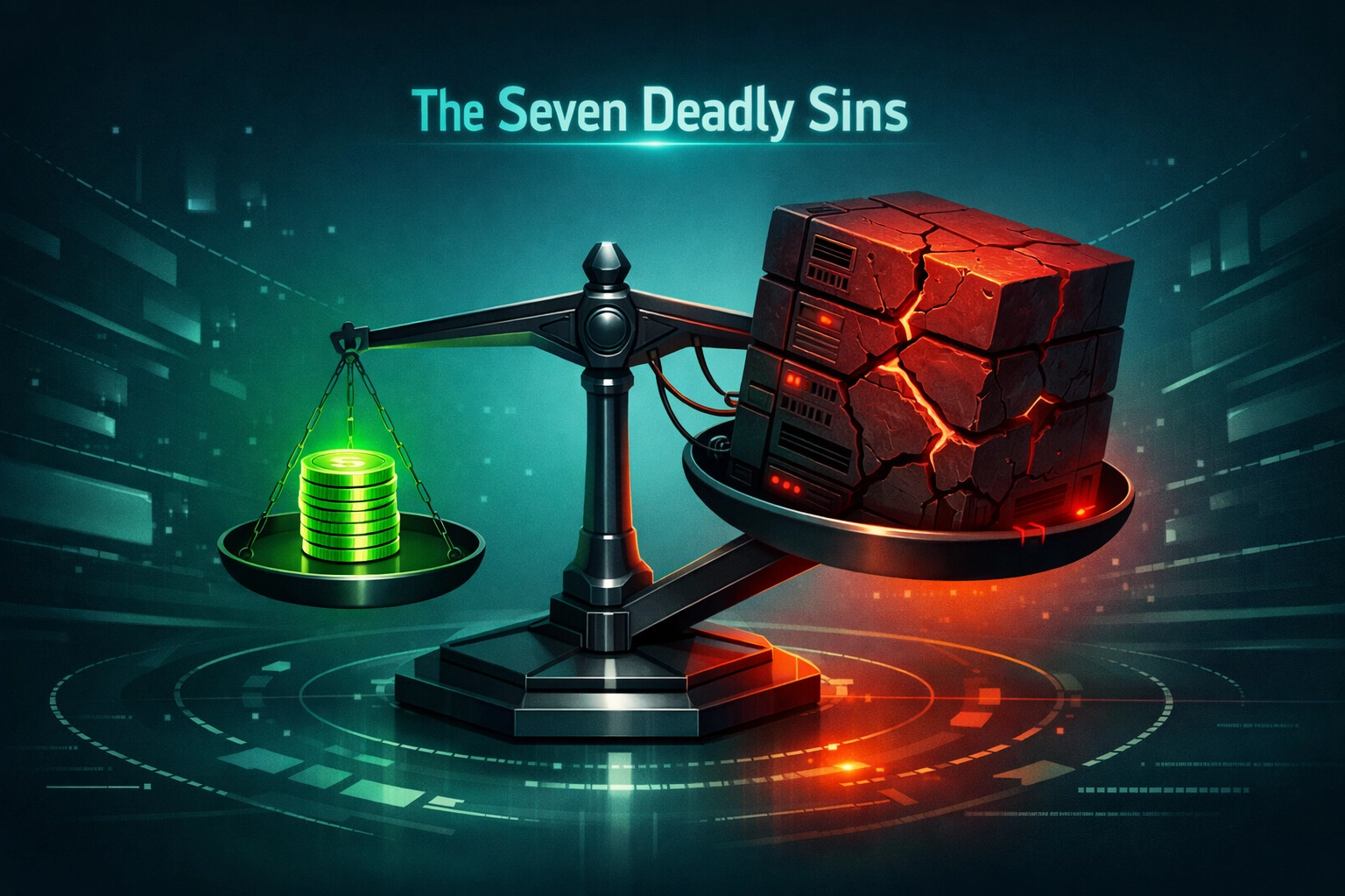 Digital scale comparing cybersecurity investment costs against the financial impact of a data breach.