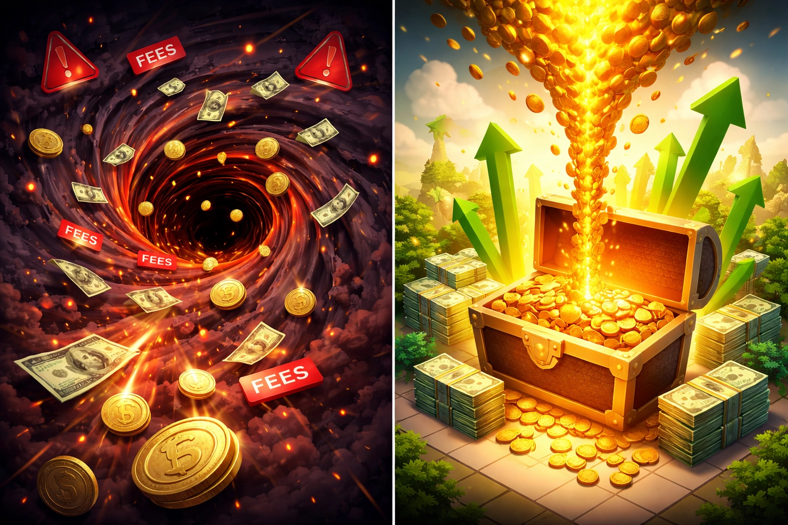 Coins being lost to dark fees versus accumulating in a treasure chest highlight Larecoin’s 50% savings on merchant interchange fees over CoinPayments.