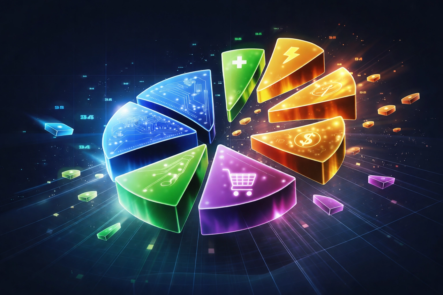 Colorful pie chart representing portfolio diversification across technology, healthcare, finance, energy, and consumer goods sectors.