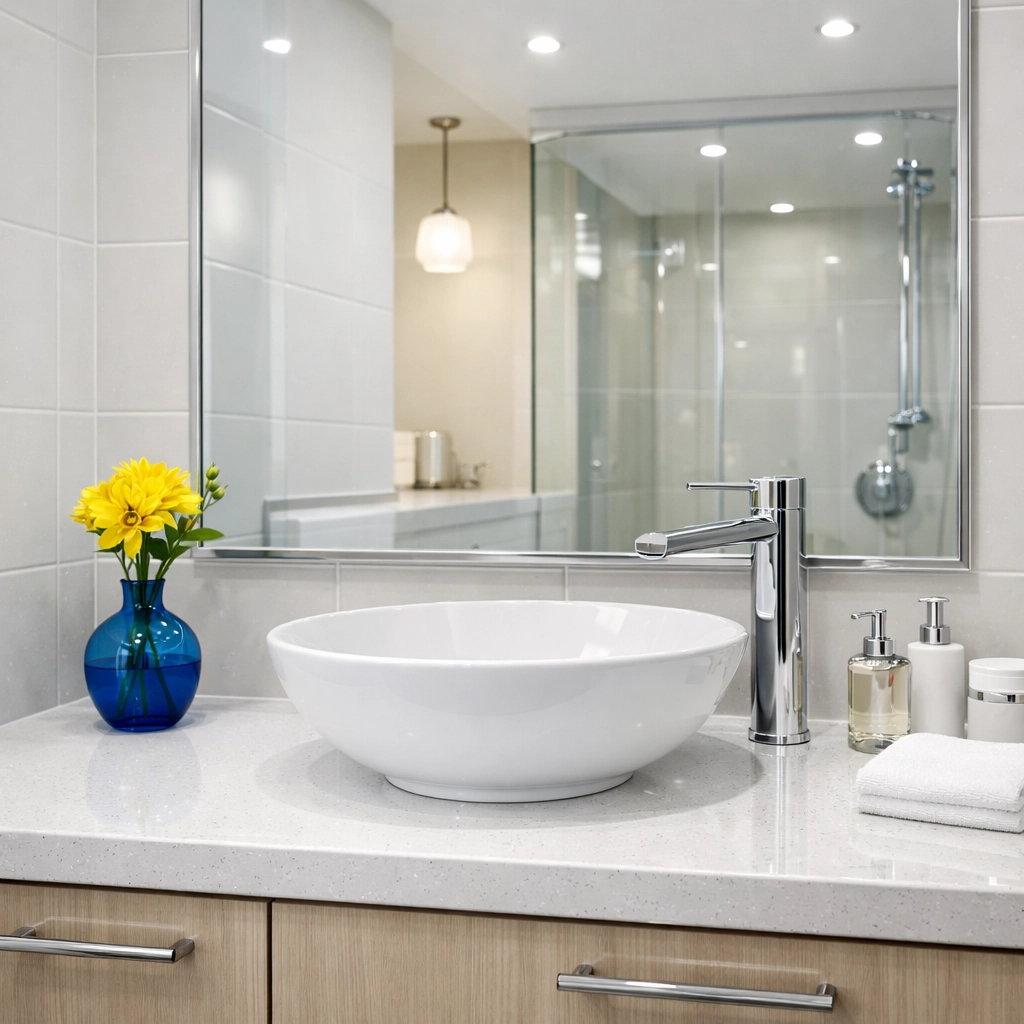 Gleaming luxury bathroom vanity and mirror reflecting the results of a high-end move-in cleaning service.