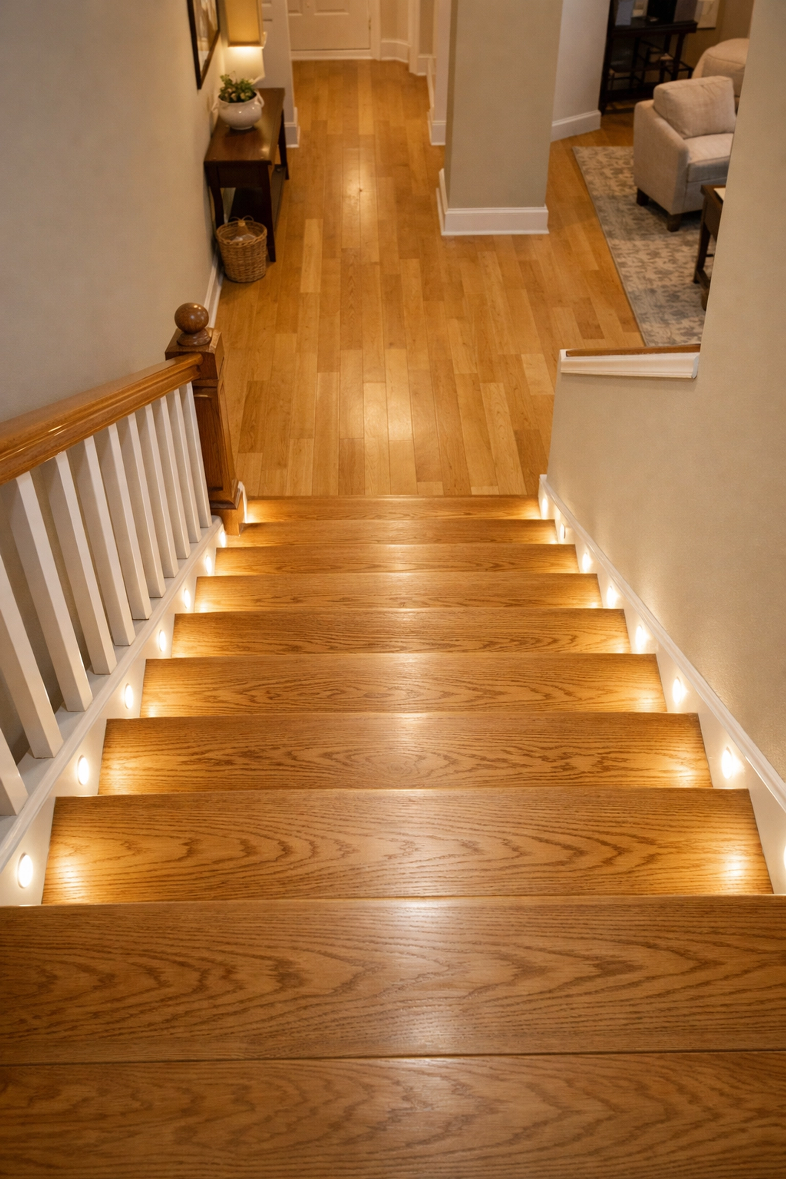 LED motion-sensor lights illuminating wooden stairs to prevent falls at night.