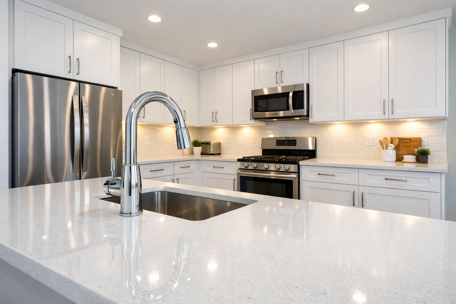 Pristine modern apartment kitchen with clean quartz countertops after a professional turnover cleaning.