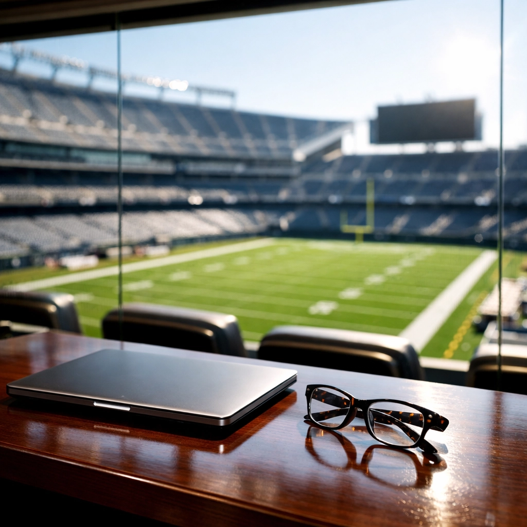 Corporate stadium suite workspace overlooking football field, symbolizing Super Bowl sponsorship ROI