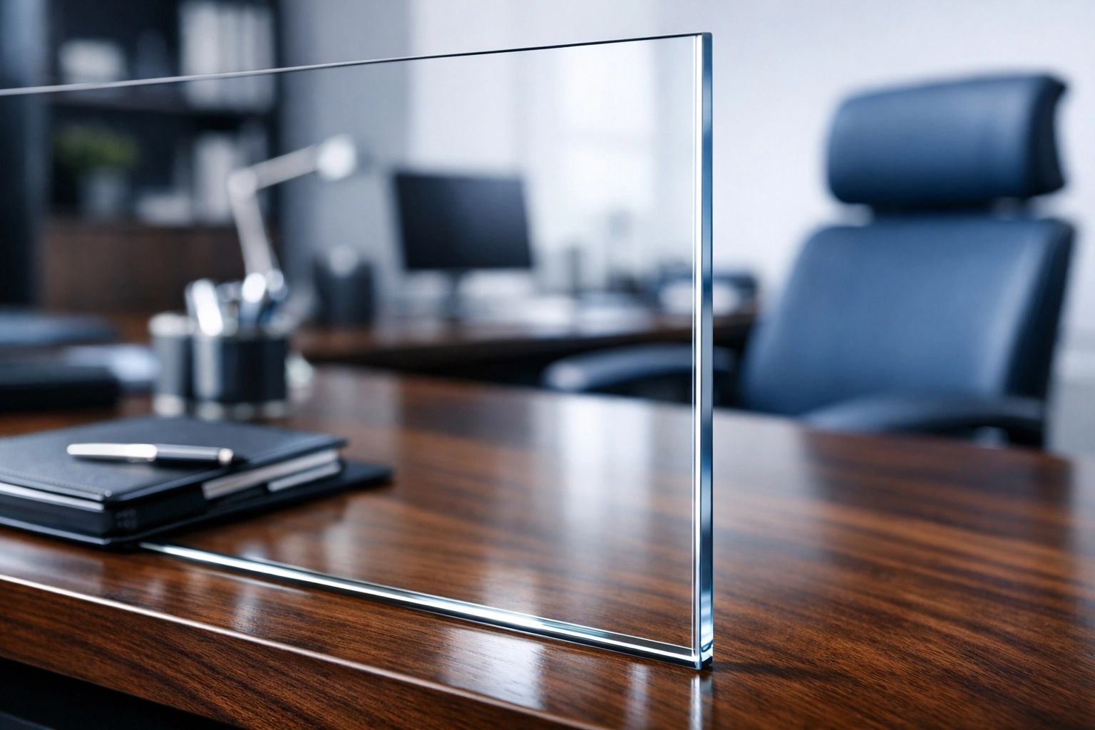 Streak-free glass partition and organized executive desk in a clean Westminster office.