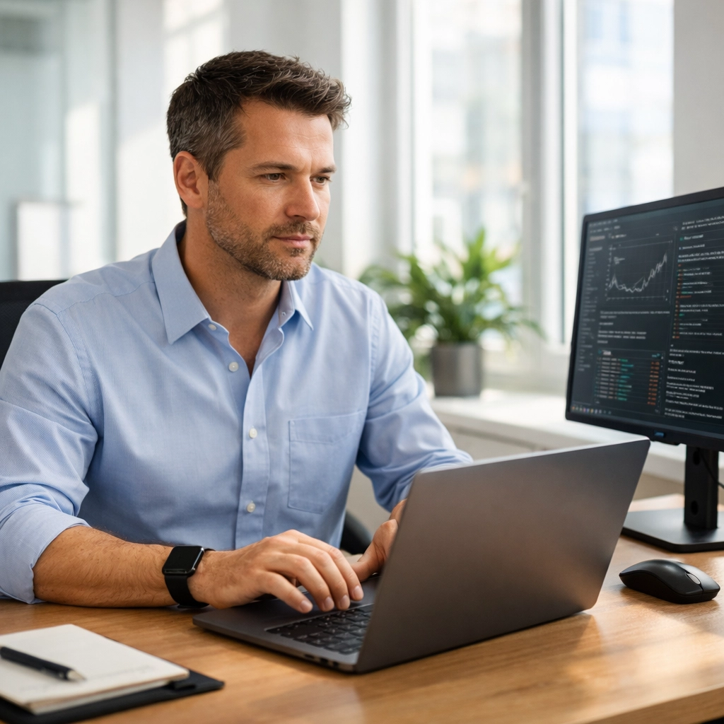IT operations manager using ServiceNow ITOM for autonomous infrastructure management in a modern office.