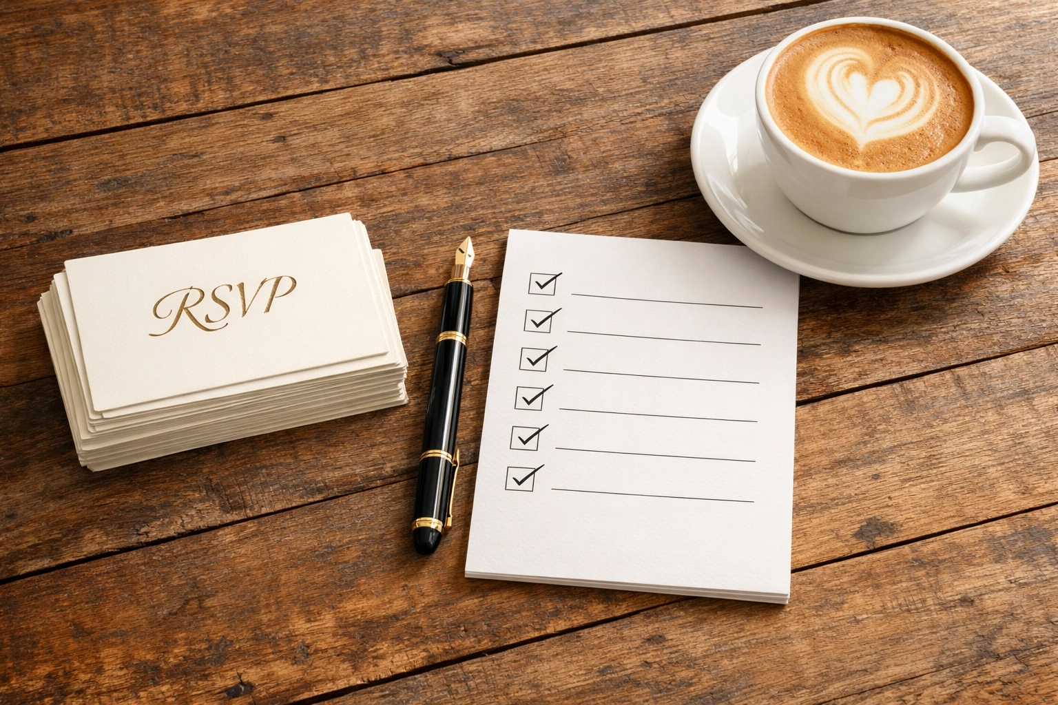 Organized event planning desk with RSVP cards and a guest list checklist for catering budget accuracy.