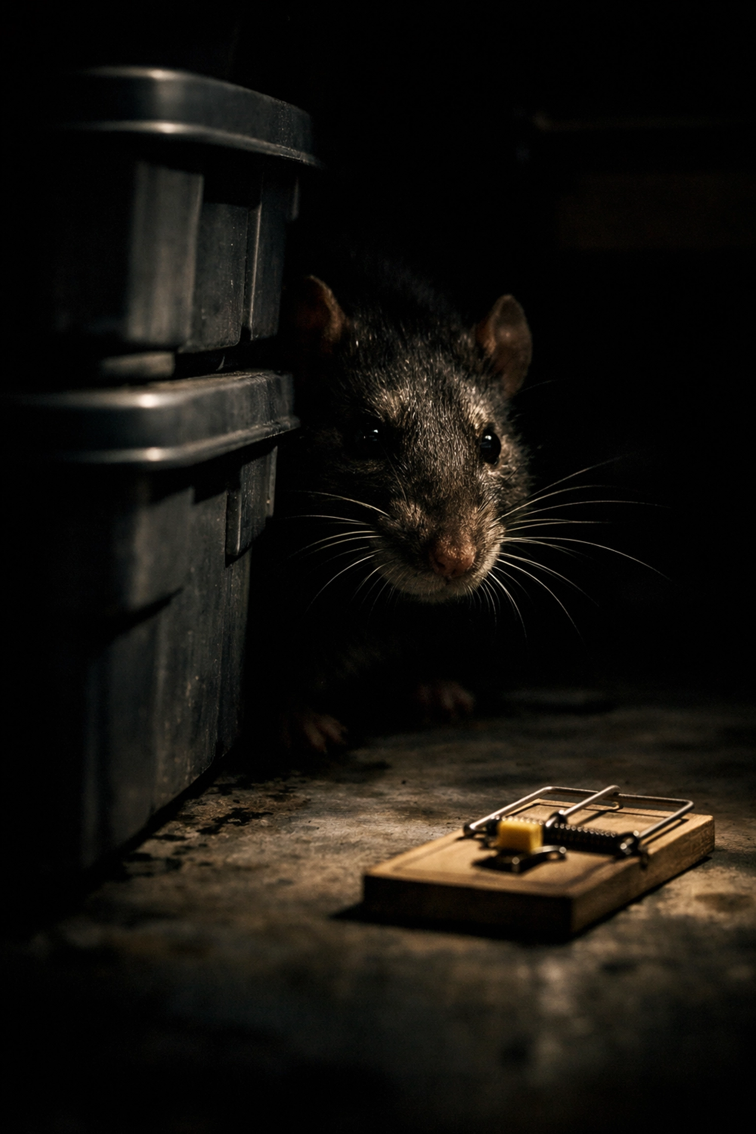 A wary Norway Rat watching a mouse trap, showing why you need a professional exterminator in Westchester NY.
