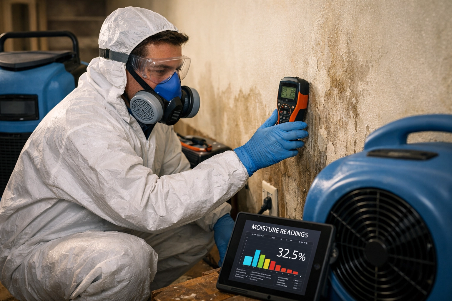 Professional water damage restoration technician using moisture meter and industrial drying equipment
