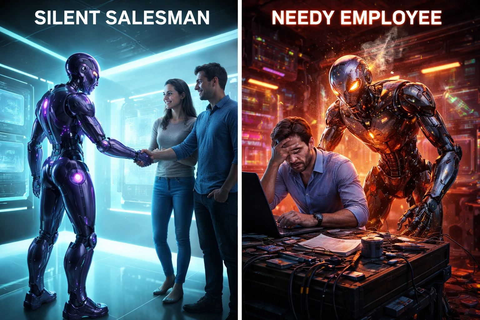 The left side shows a helpful robot greeting happy customers, while the right side features a broken robot bothering an exhausted owner, depicting the difference between a well-maintained website and one that's a burden.