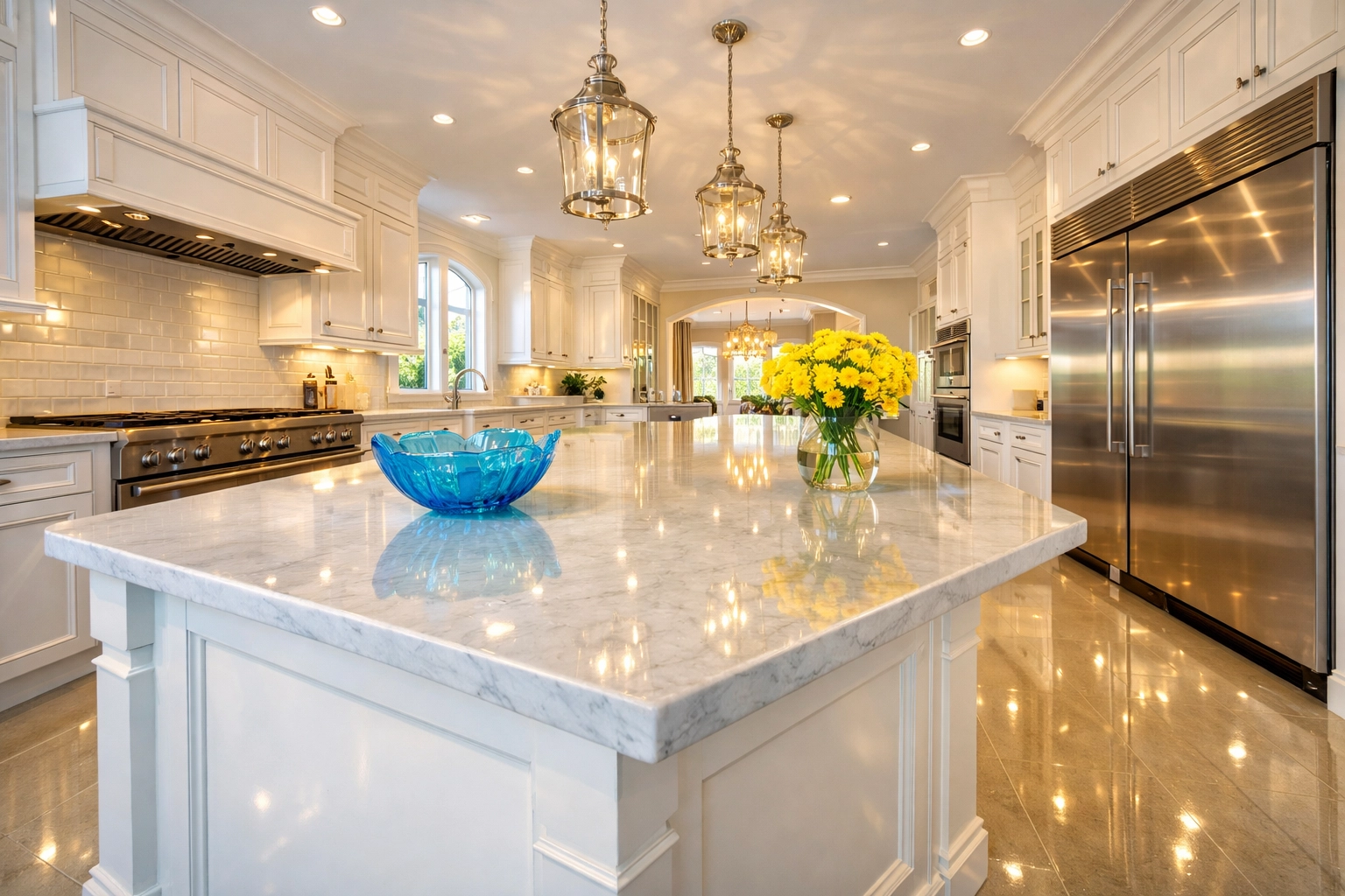 Immaculate luxury kitchen with marble counters after professional house cleaning Lowell MA.