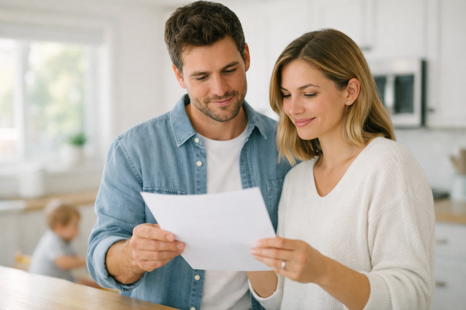Young California couple reviewing life insurance policy options in their kitchen to protect their family.