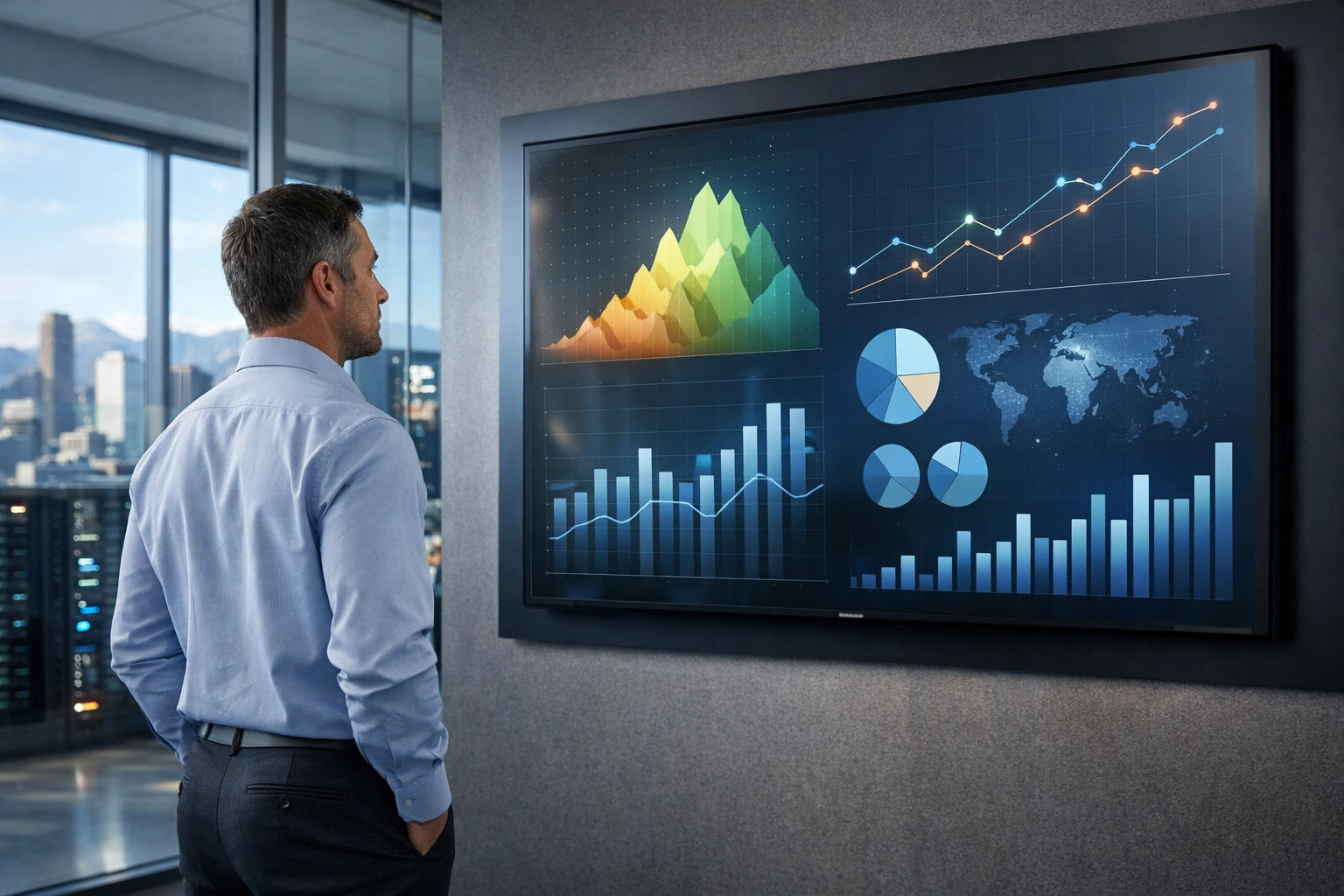 Strategic professional analyzing digital media growth data at Dakdan Worldwide Denver office.