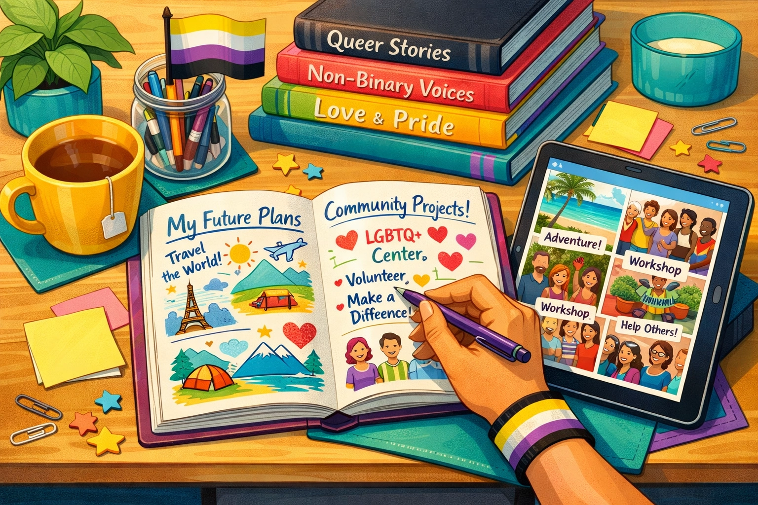 A creative workspace with LGBTQ+ ebooks and a journal, showing queer healing and visionary planning for 2026.