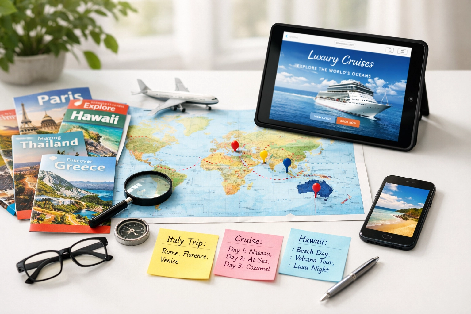Travel planning materials on desk with world map, brochures, and tablet for travel advisor work