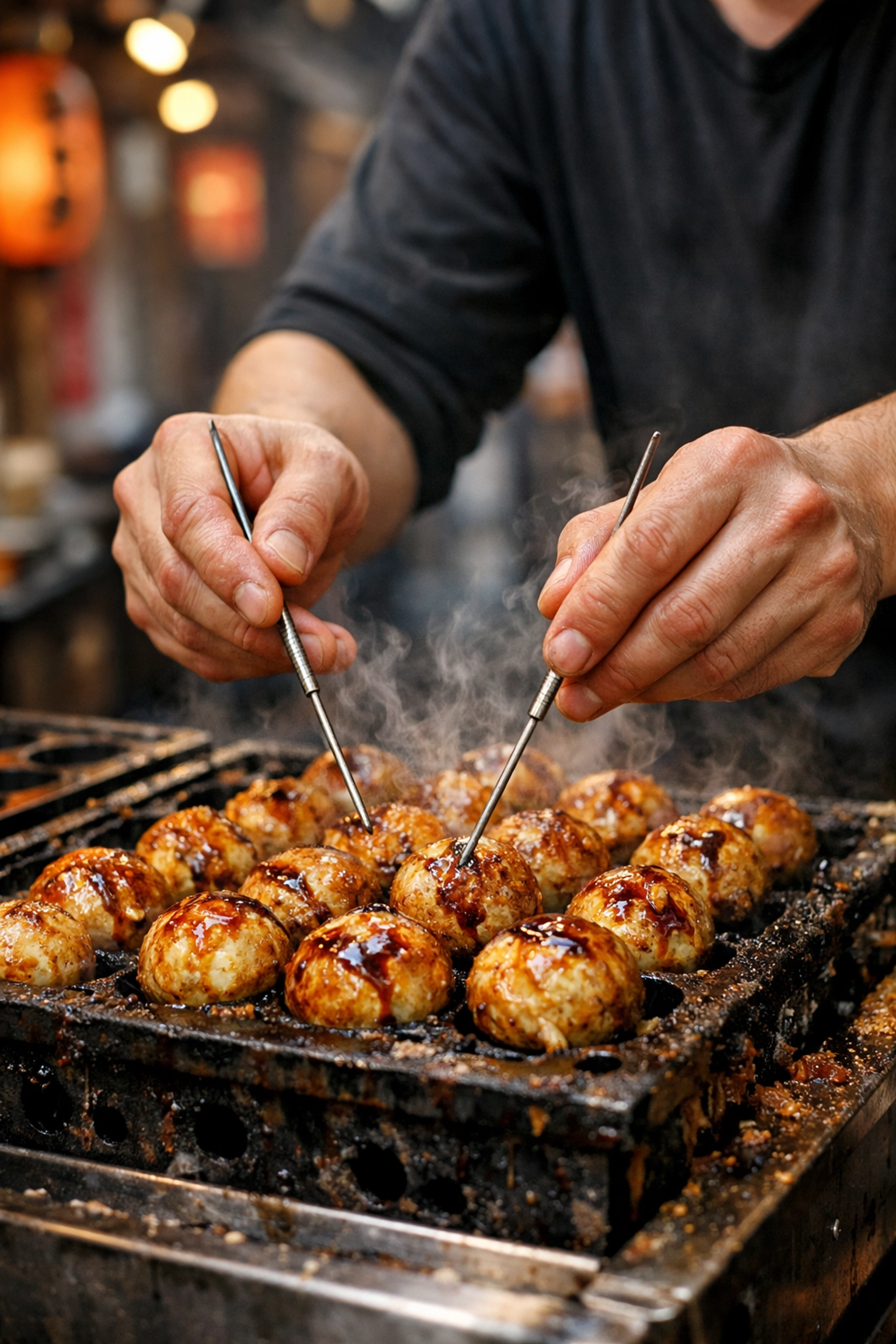 Close-up of a street food chef cooking fresh takoyaki on a griddle in a Harajuku side alley.