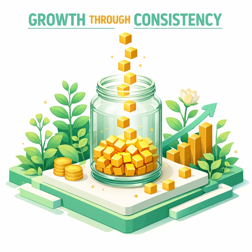 A digital jar filling with gold cubes and blooming plants, symbolizing growth through dollar-cost averaging.