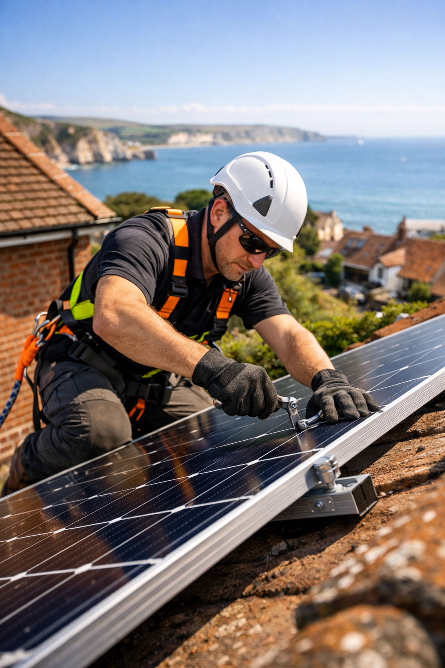 Expert solar panel installers fitting high-quality panels on a Dorset home with coastal views.