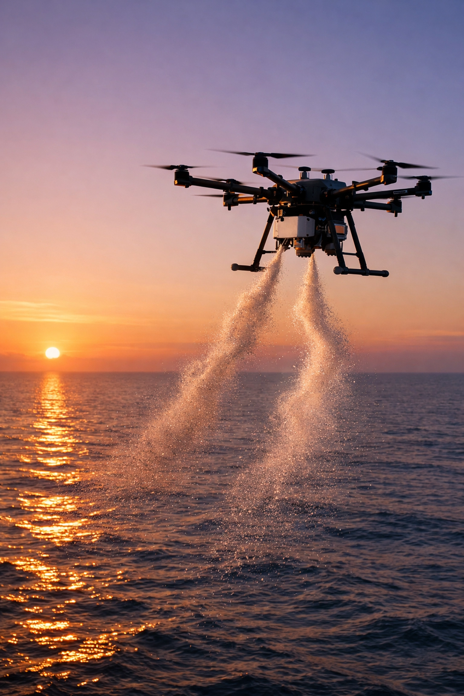A memorial drone scattering ashes at sea for a couple during a serene sunset ceremony.