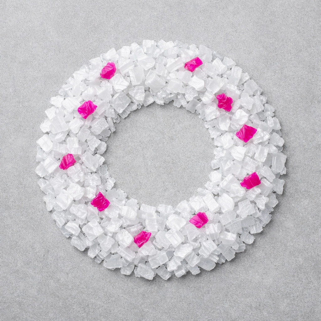 Recycled HDPE plastic flakes illustrating the circular economy process for sustainable building materials.