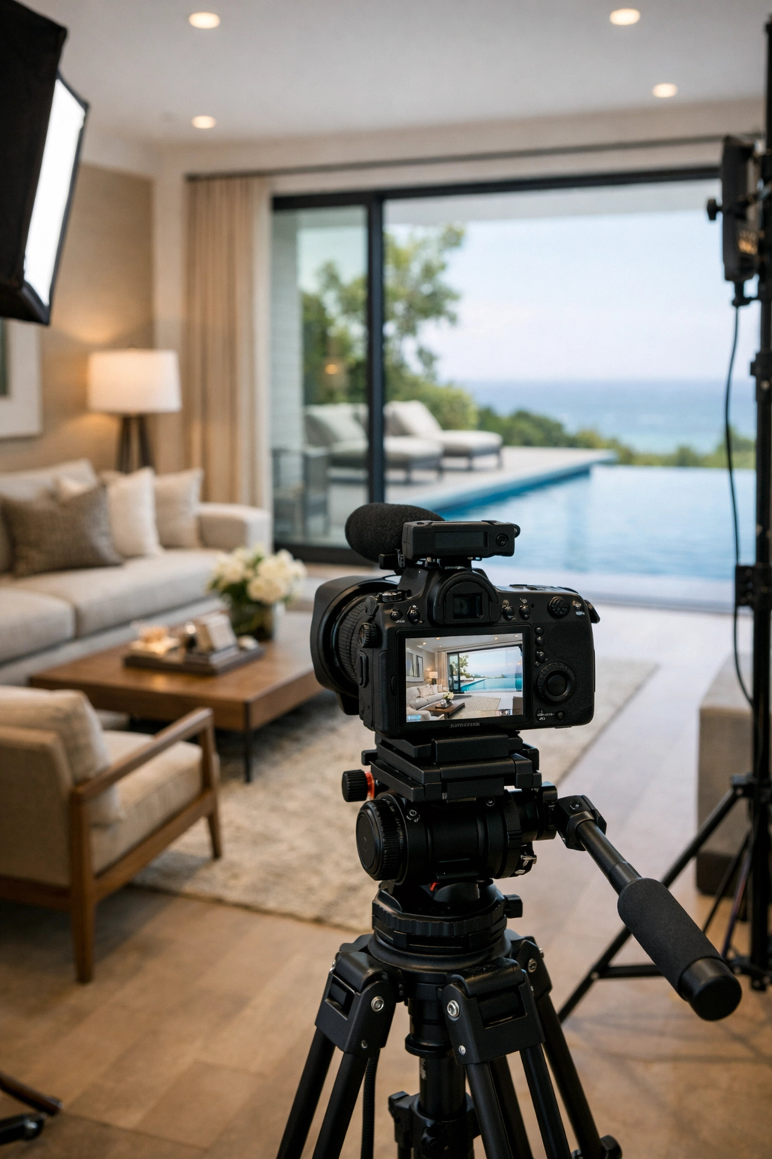 Professional photography setup for a luxury Cape Coral home listing with a pool view.